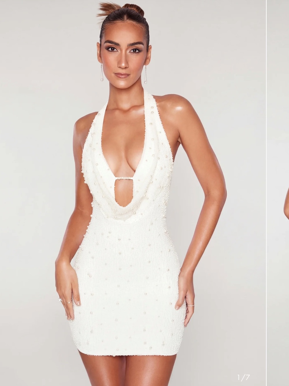Oh Polly White Beaded Halter Cowl Mini Dress